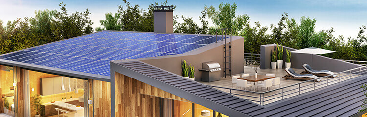 solar pv electric panels on the roof of a home residential building