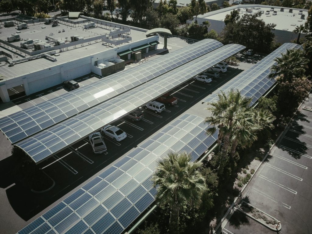 Solar panels installed over a parking lot