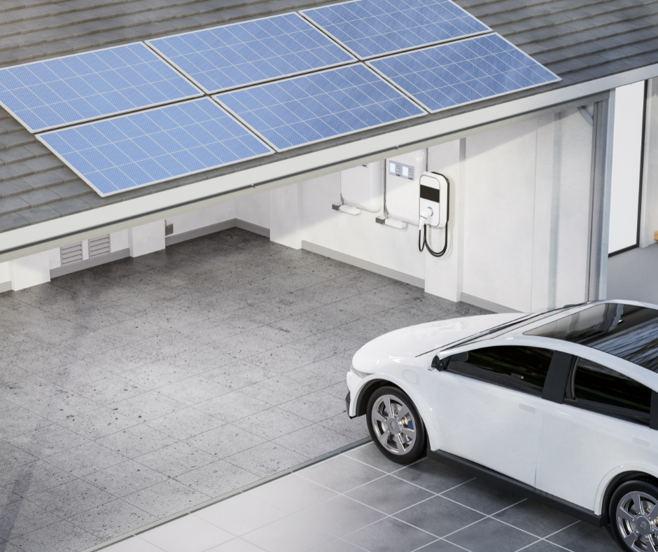 An electric vehicle enters its garage, where it can be charged by the electric panels on the roof