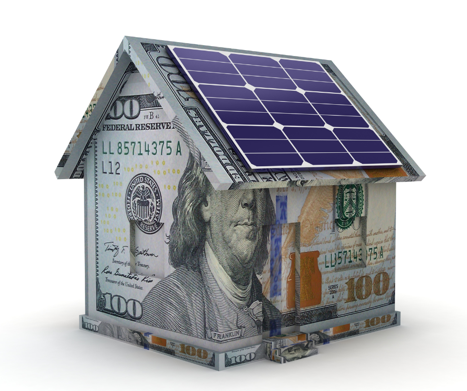 A home made of dollar bills to represent savings from solar power 