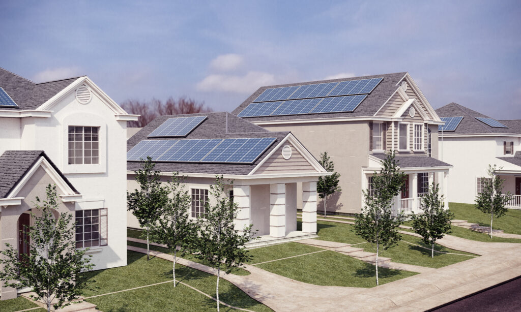 Residential homes with solar panels on roof